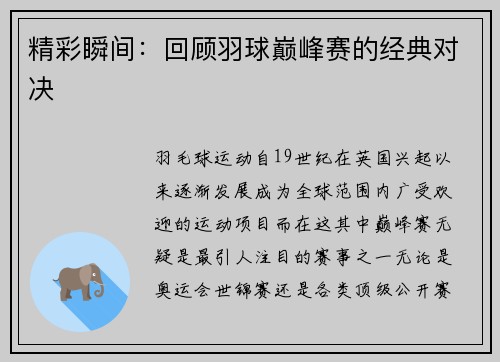 精彩瞬间：回顾羽球巅峰赛的经典对决